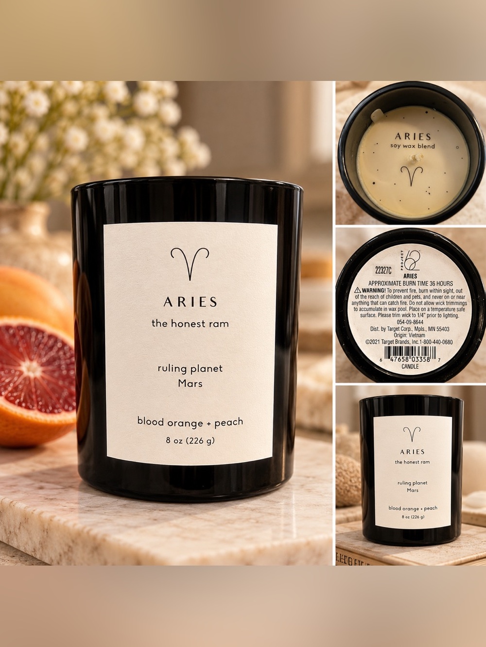 Aries Zodiac Candle Blood Orange + Peach Soy Wax Blend 8 oz